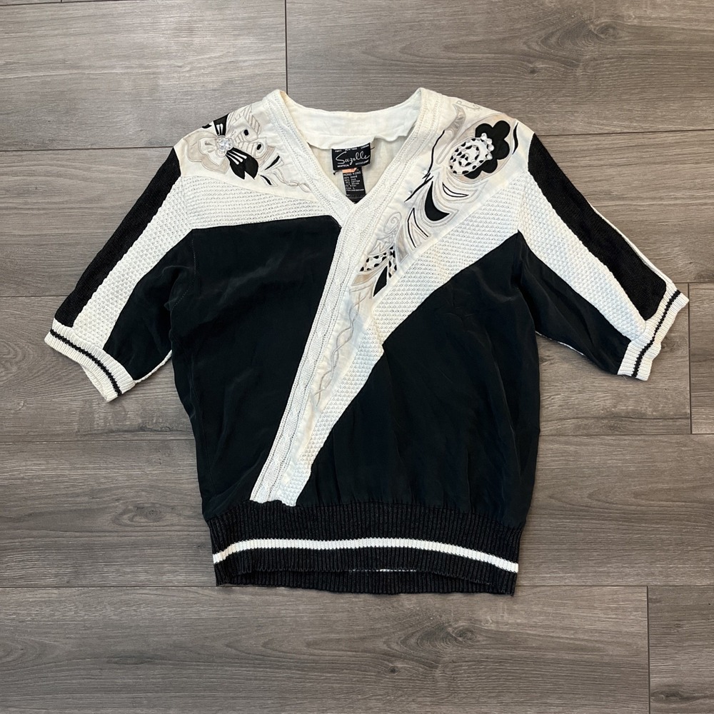VTG Suzelle Womens L Ramie/Silk Blend Sweater White Black